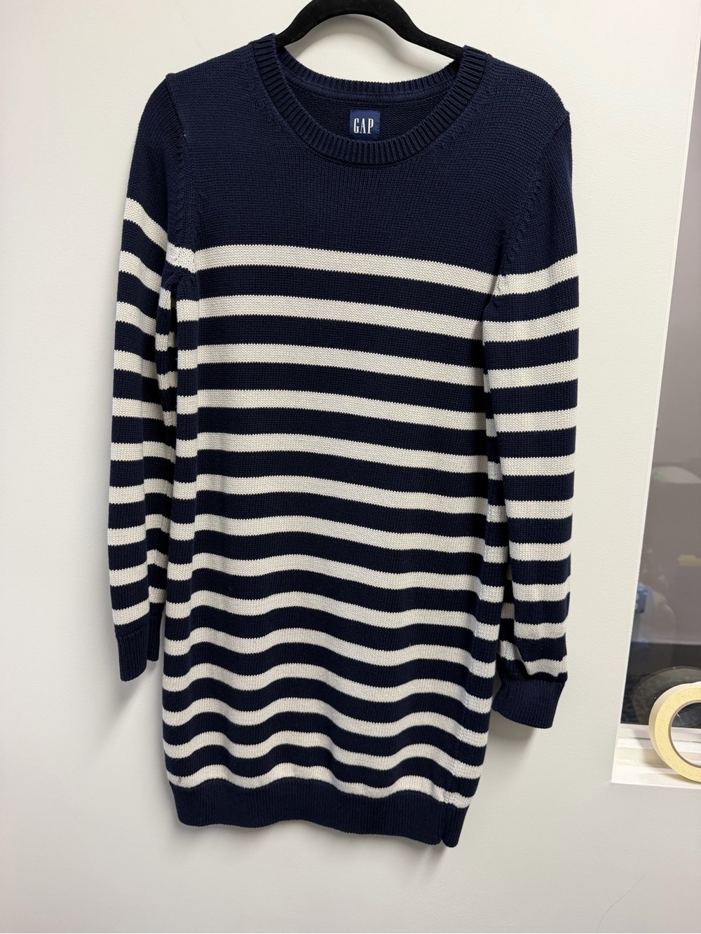GAP Women’s S Blue/White Striped Knit Cotton Sweater Dress Crew Neck Knee